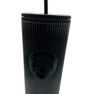 Starbucks Black Ribbed Cold Cup 24 oz Reusable Tumbler‎ w Lid & Straw